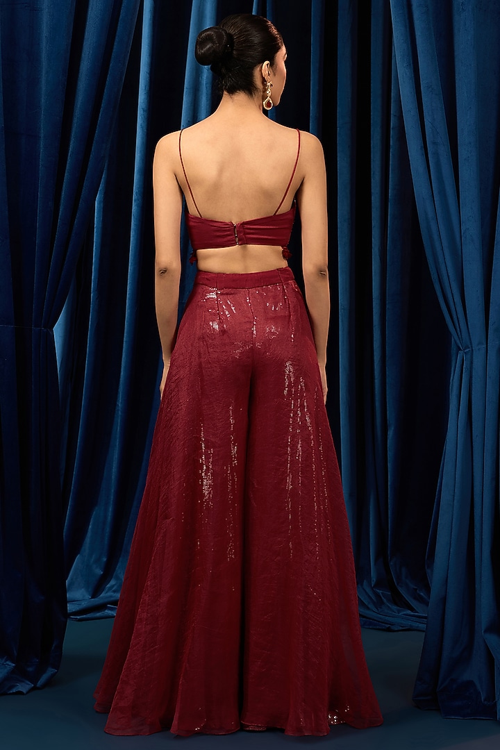 Ruby Red Net Embroidered Jacket Set by AWIGNA BY VARSHA & RITTU at Pernia's Pop Up Shop