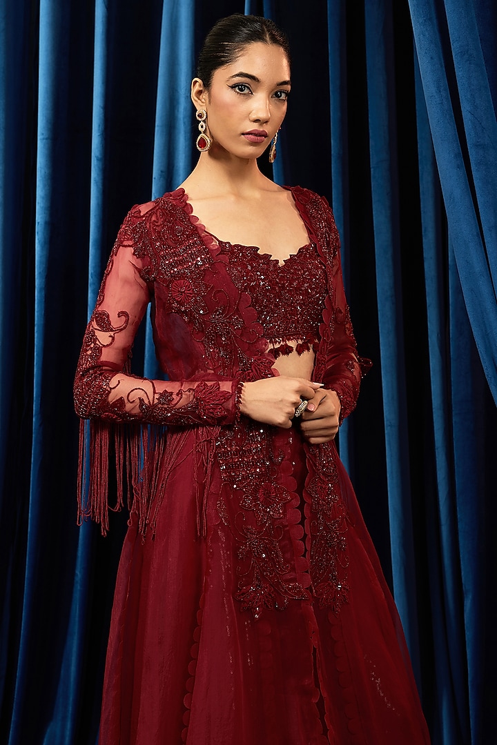 Ruby Red Net Embroidered Jacket Set by AWIGNA BY VARSHA & RITTU at Pernia's Pop Up Shop