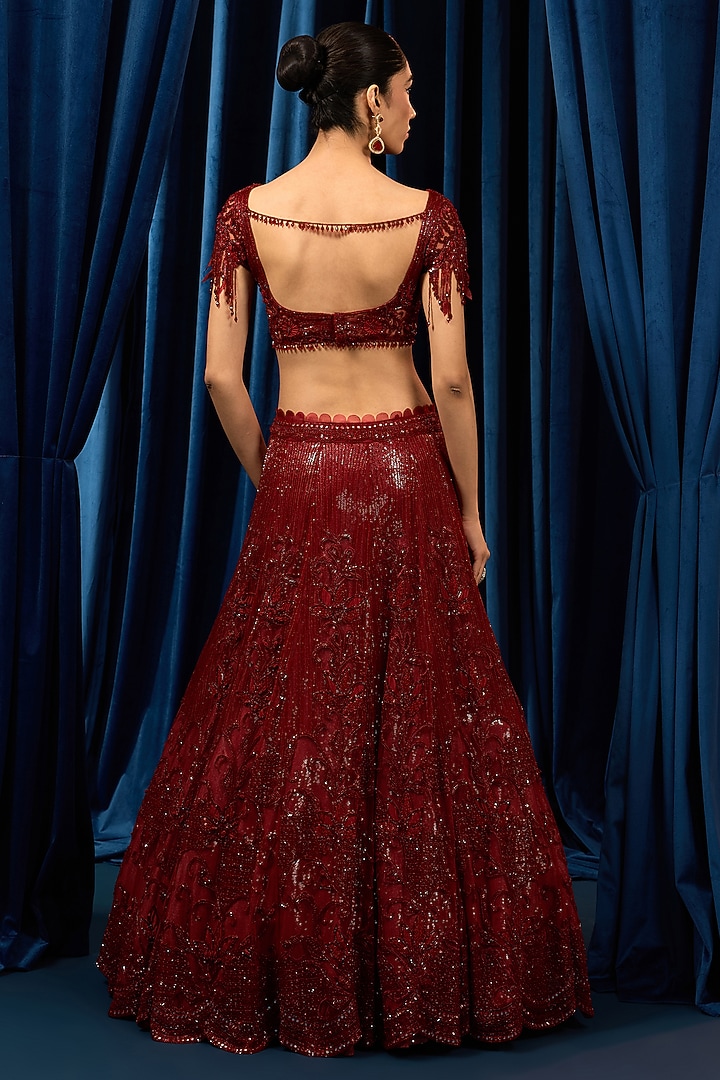 Red Net 3D Floral Embroidered Bridal Lehenga Set by AWIGNA BY VARSHA & RITTU at Pernia's Pop Up Shop