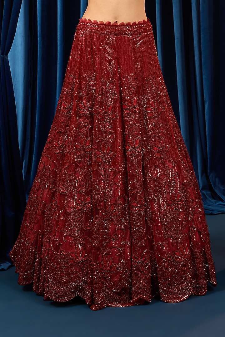 Red Net 3D Floral Embroidered Bridal Lehenga Set by AWIGNA BY VARSHA & RITTU at Pernia's Pop Up Shop
