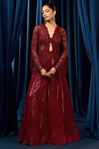 Ruby Red Net & Organza Embroidered Peplum Jacket Set by AWIGNA BY VARSHA & RITTU
