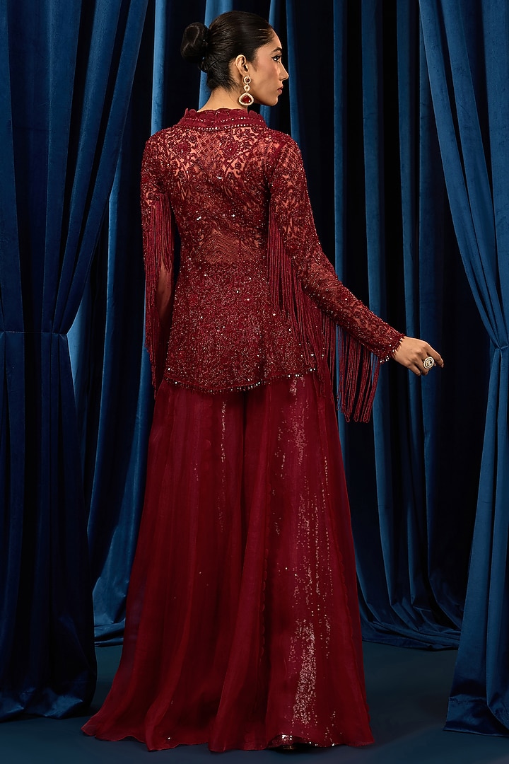 Ruby Red Net & Organza Embroidered Peplum Jacket Set by AWIGNA BY VARSHA & RITTU at Pernia's Pop Up Shop