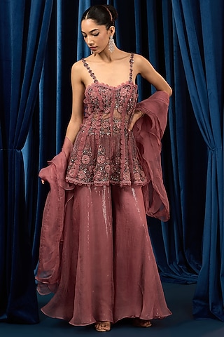 Dusty Onion Pink Net & Organza Palazzo Set by AWIGNA BY VARSHA & RITTU