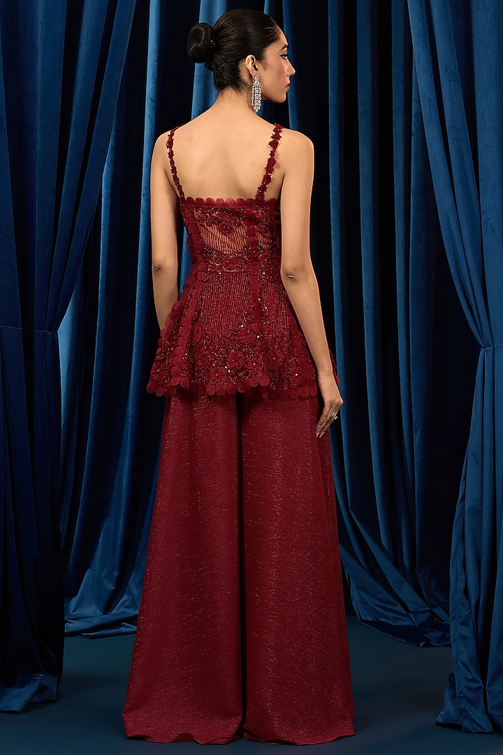 Ruby Red Net & Metallic Georgette Palazzo Set by AWIGNA BY VARSHA & RITTU at Pernia's Pop Up Shop