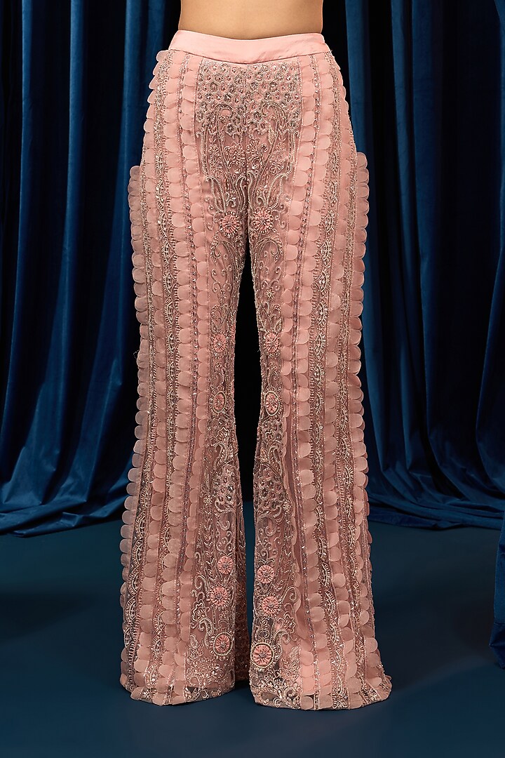 Rose Pink Net & Organza Floral Embroidered Bell-Bottom Pant Set by AWIGNA BY VARSHA & RITTU at Pernia's Pop Up Shop