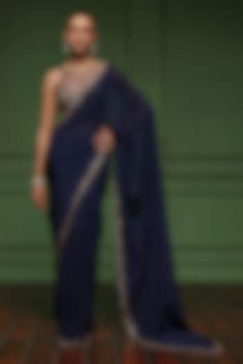 Midnight Blue Flat Chiffon & Net Embellished Wedding Saree Set by AWIGNA BY VARSHA & RITTU at Pernia's Pop Up Shop