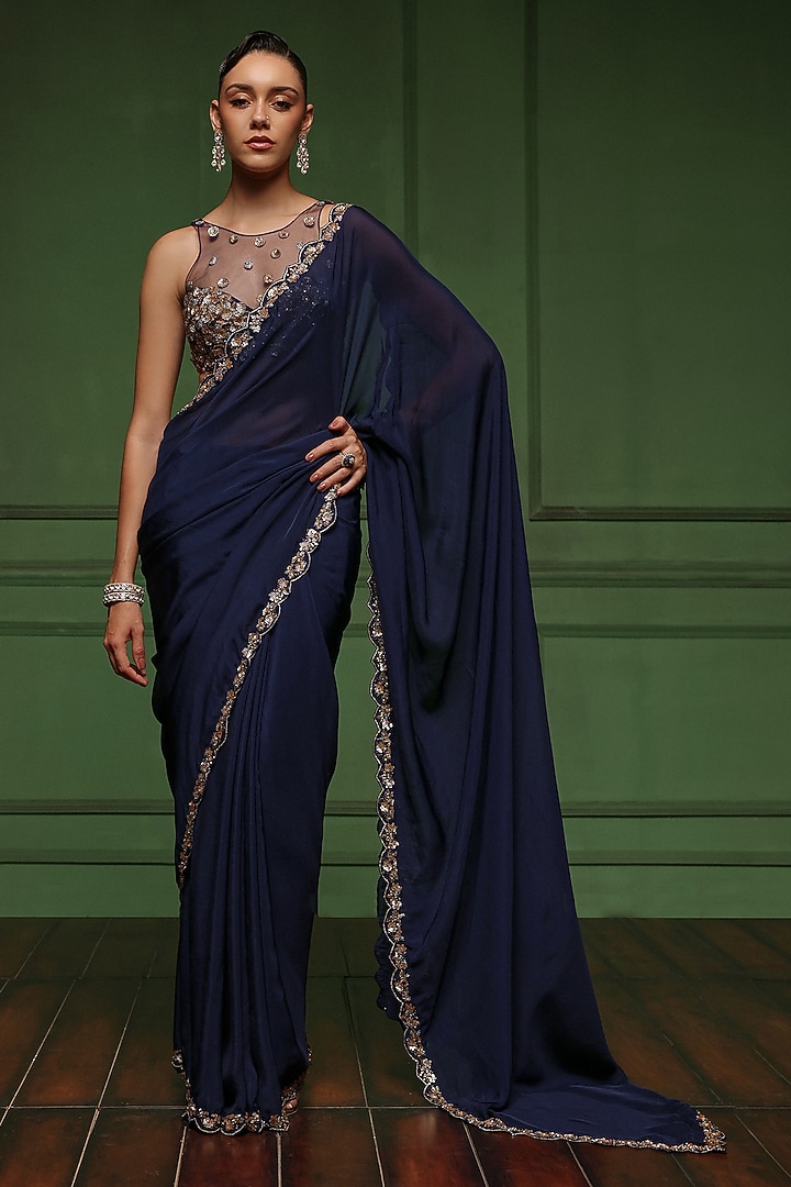 Midnight Blue Flat Chiffon & Net Embellished Wedding Saree Set by AWIGNA BY VARSHA & RITTU at Pernia's Pop Up Shop