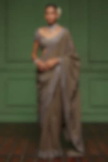 Olive Metallic Georgette & Net Embellished Wedding Saree Set by AWIGNA BY VARSHA & RITTU at Pernia's Pop Up Shop