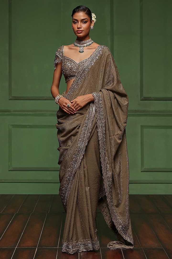 Olive Metallic Georgette & Net Embellished Wedding Saree Set by AWIGNA BY VARSHA & RITTU at Pernia's Pop Up Shop