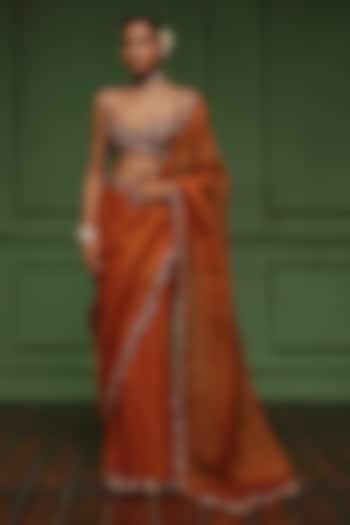 Burnt Orange Organza & Net Embellished Wedding Saree Set by AWIGNA BY VARSHA & RITTU at Pernia's Pop Up Shop