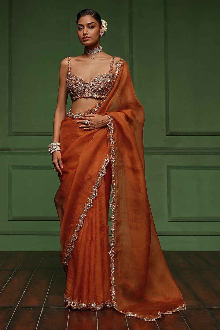 Burnt Orange Organza & Net Embellished Wedding Saree Set by AWIGNA BY VARSHA & RITTU at Pernia's Pop Up Shop