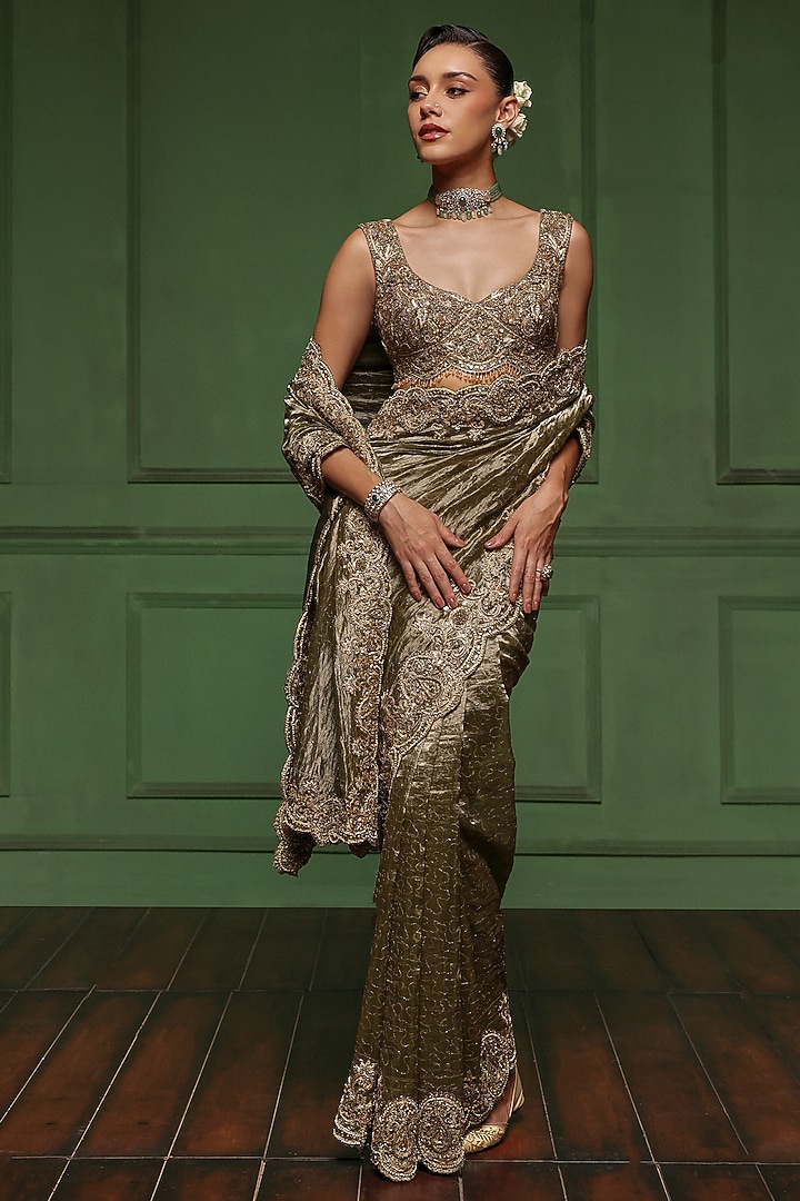 Olive Tissue Embellished Reception Saree Set by AWIGNA BY VARSHA & RITTU at Pernia's Pop Up Shop