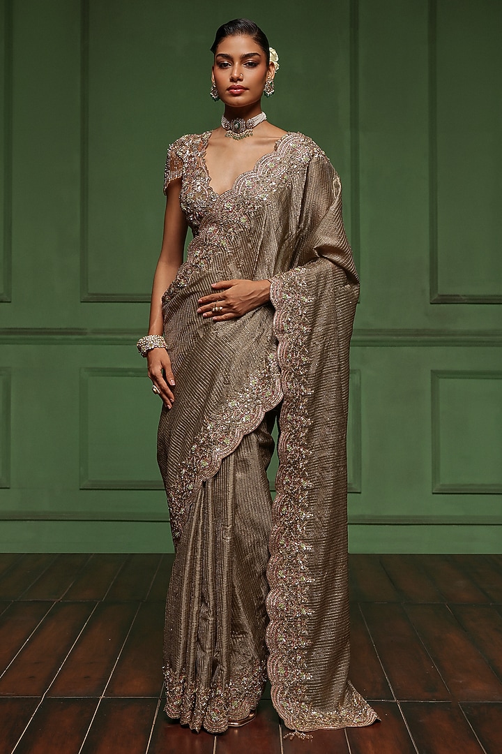 Olive Tissue Embellished Reception Saree Set by AWIGNA BY VARSHA & RITTU at Pernia's Pop Up Shop