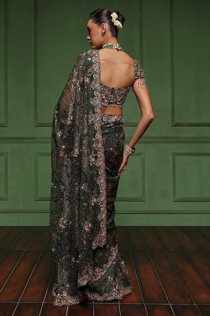 Bottle Green Organza & Net Embellished Reception Saree Set by AWIGNA BY VARSHA & RITTU at Pernia's Pop Up Shop