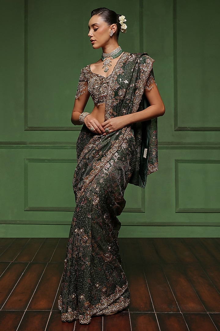 Bottle Green Organza & Net Embellished Reception Saree Set by AWIGNA BY VARSHA & RITTU at Pernia's Pop Up Shop