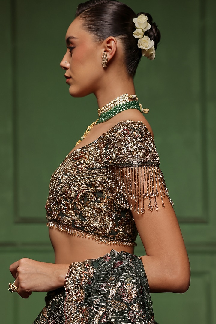 Bottle Green Organza & Net Embellished Reception Saree Set by AWIGNA BY VARSHA & RITTU at Pernia's Pop Up Shop