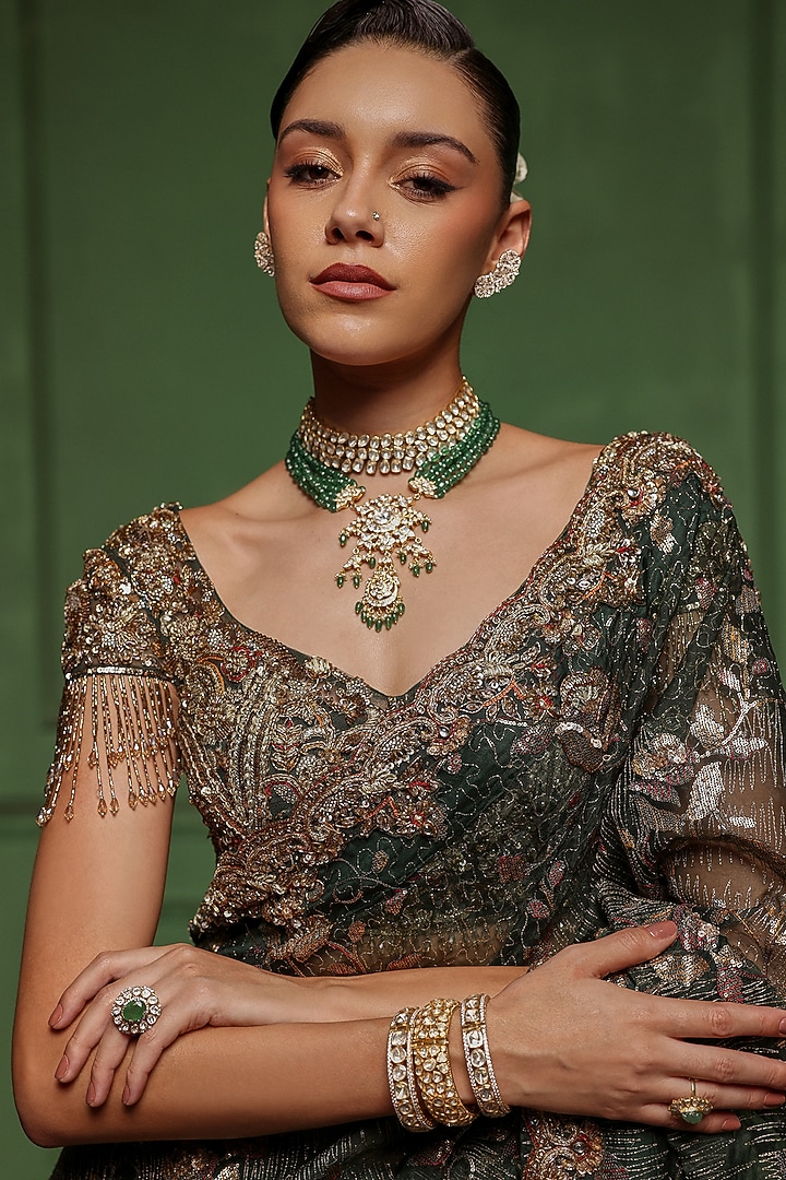 Bottle Green Organza & Net Embellished Reception Saree Set by AWIGNA BY VARSHA & RITTU at Pernia's Pop Up Shop