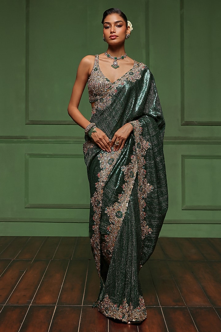 Bottle Green Sequins & Net Floral Embroidered Reception Saree Set by AWIGNA BY VARSHA & RITTU at Pernia's Pop Up Shop
