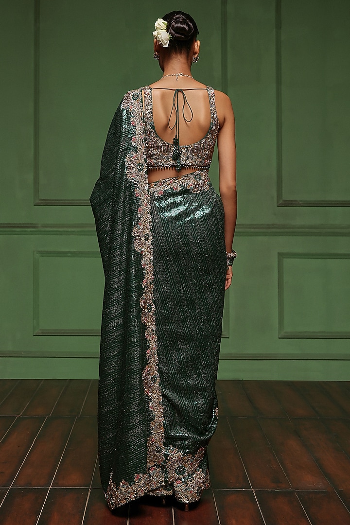 Bottle Green Sequins & Net Floral Embroidered Reception Saree Set by AWIGNA BY VARSHA & RITTU at Pernia's Pop Up Shop