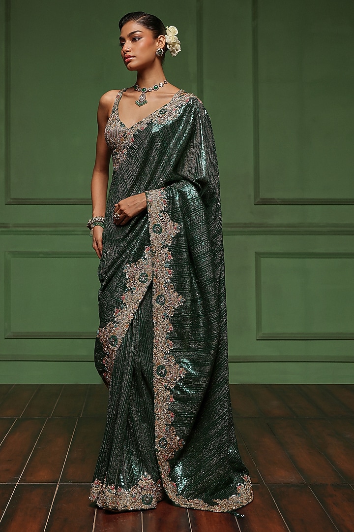 Bottle Green Sequins & Net Floral Embroidered Reception Saree Set by AWIGNA BY VARSHA & RITTU at Pernia's Pop Up Shop