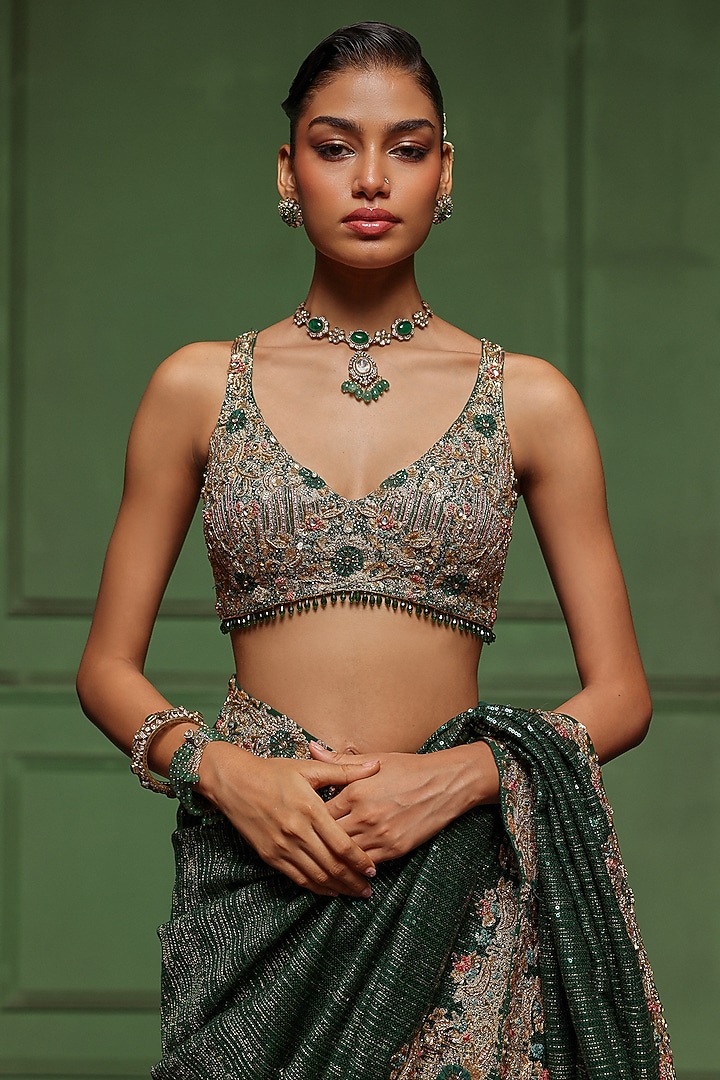 Bottle Green Sequins & Net Floral Embroidered Reception Saree Set by AWIGNA BY VARSHA & RITTU at Pernia's Pop Up Shop