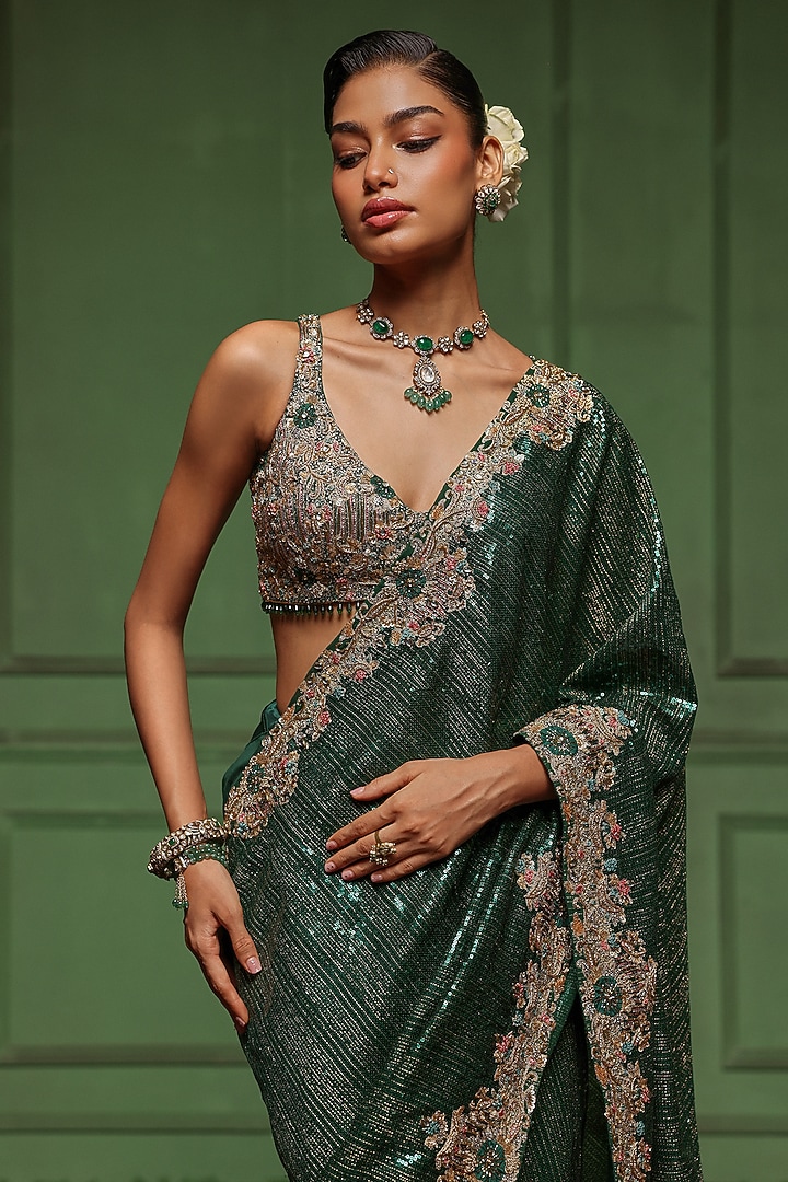 Bottle Green Sequins & Net Floral Embroidered Reception Saree Set by AWIGNA BY VARSHA & RITTU at Pernia's Pop Up Shop