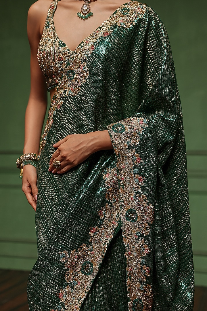 Bottle Green Sequins & Net Floral Embroidered Reception Saree Set by AWIGNA BY VARSHA & RITTU at Pernia's Pop Up Shop