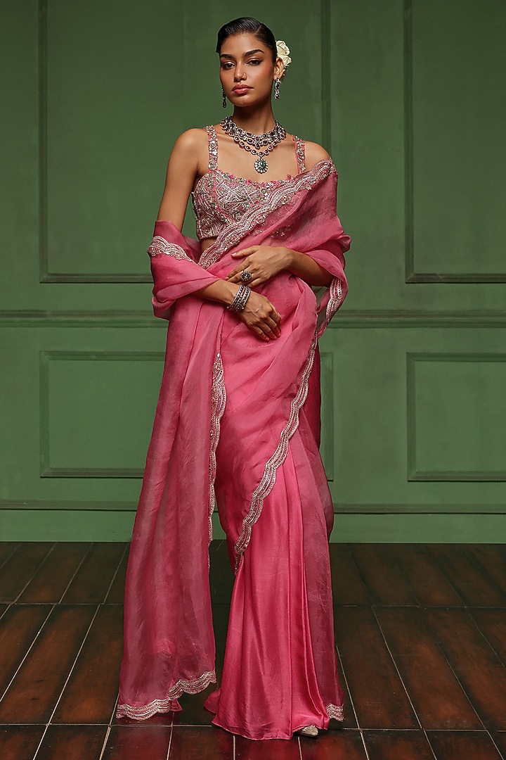 Pink Organza & Satin Georgette Embroidered Wedding Saree Set by AWIGNA BY VARSHA & RITTU at Pernia's Pop Up Shop