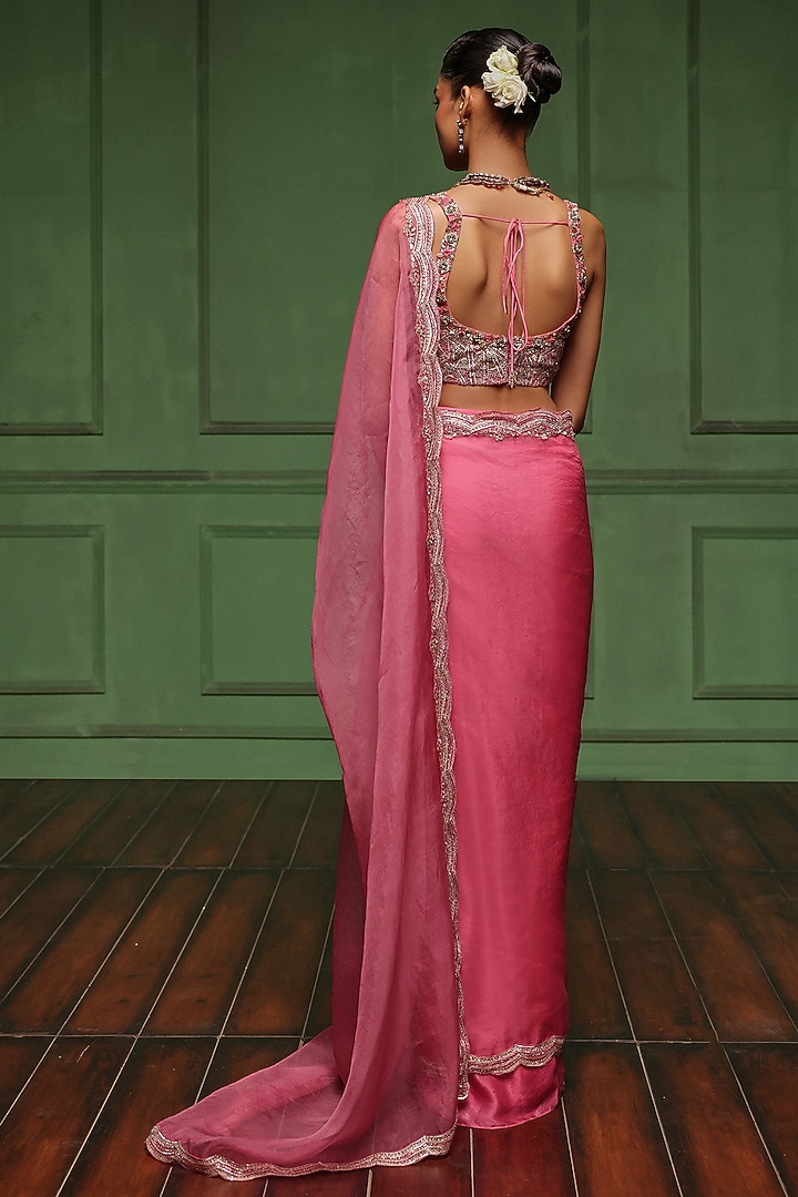 Pink Organza & Satin Georgette Embroidered Wedding Saree Set by AWIGNA BY VARSHA & RITTU at Pernia's Pop Up Shop