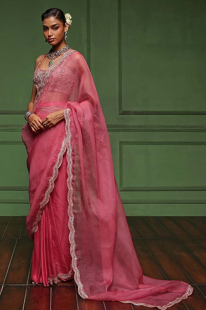 Pink Organza & Satin Georgette Embroidered Wedding Saree Set by AWIGNA BY VARSHA & RITTU at Pernia's Pop Up Shop