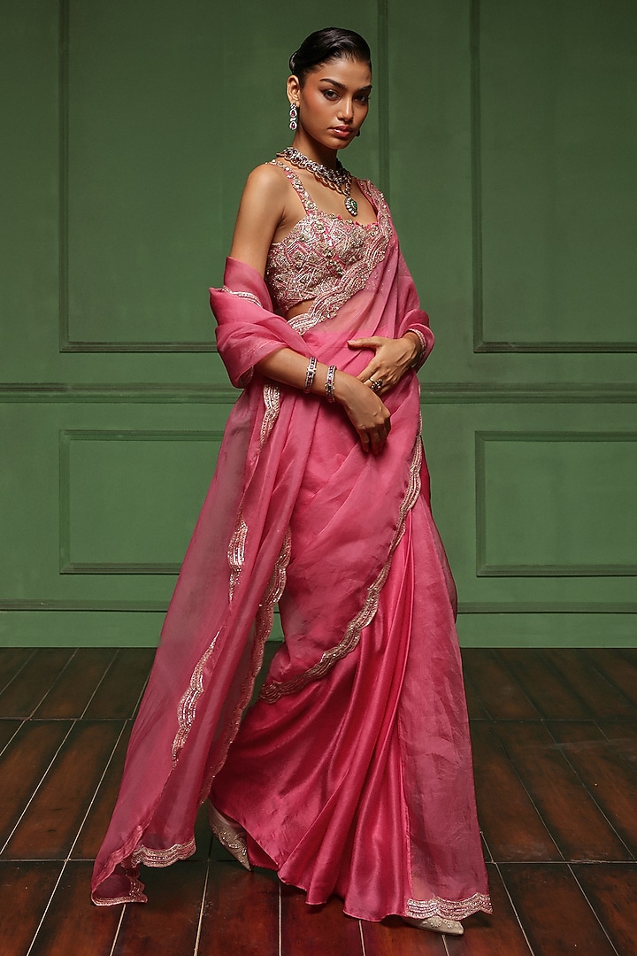 Pink Organza & Satin Georgette Embroidered Wedding Saree Set by AWIGNA BY VARSHA & RITTU at Pernia's Pop Up Shop