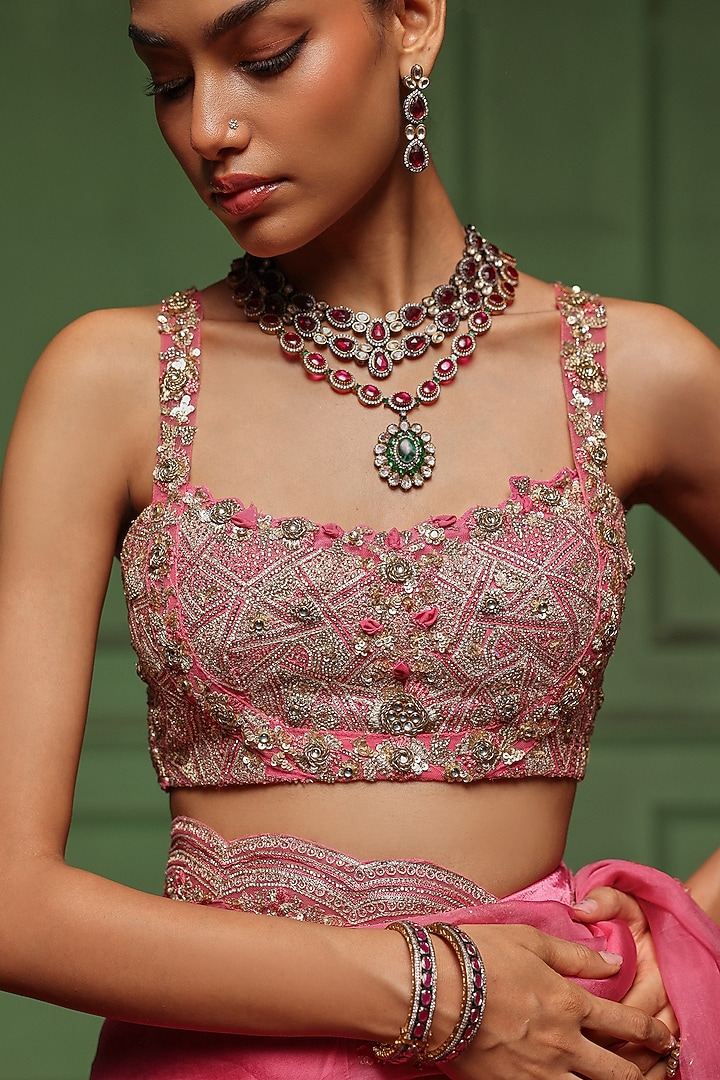Pink Organza & Satin Georgette Embroidered Wedding Saree Set by AWIGNA BY VARSHA & RITTU at Pernia's Pop Up Shop