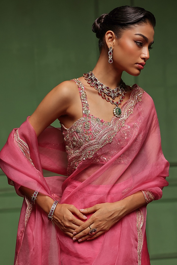 Pink Organza & Satin Georgette Embroidered Wedding Saree Set by AWIGNA BY VARSHA & RITTU at Pernia's Pop Up Shop