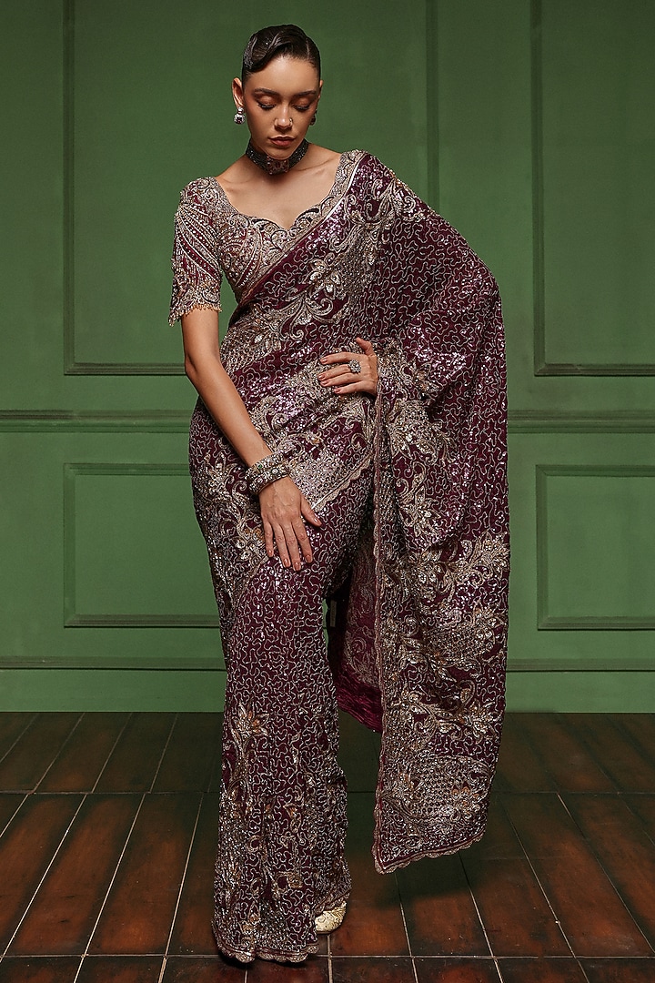 Purple Sequins & Net Floral Embroidered Bridal Saree Set by AWIGNA BY VARSHA & RITTU at Pernia's Pop Up Shop