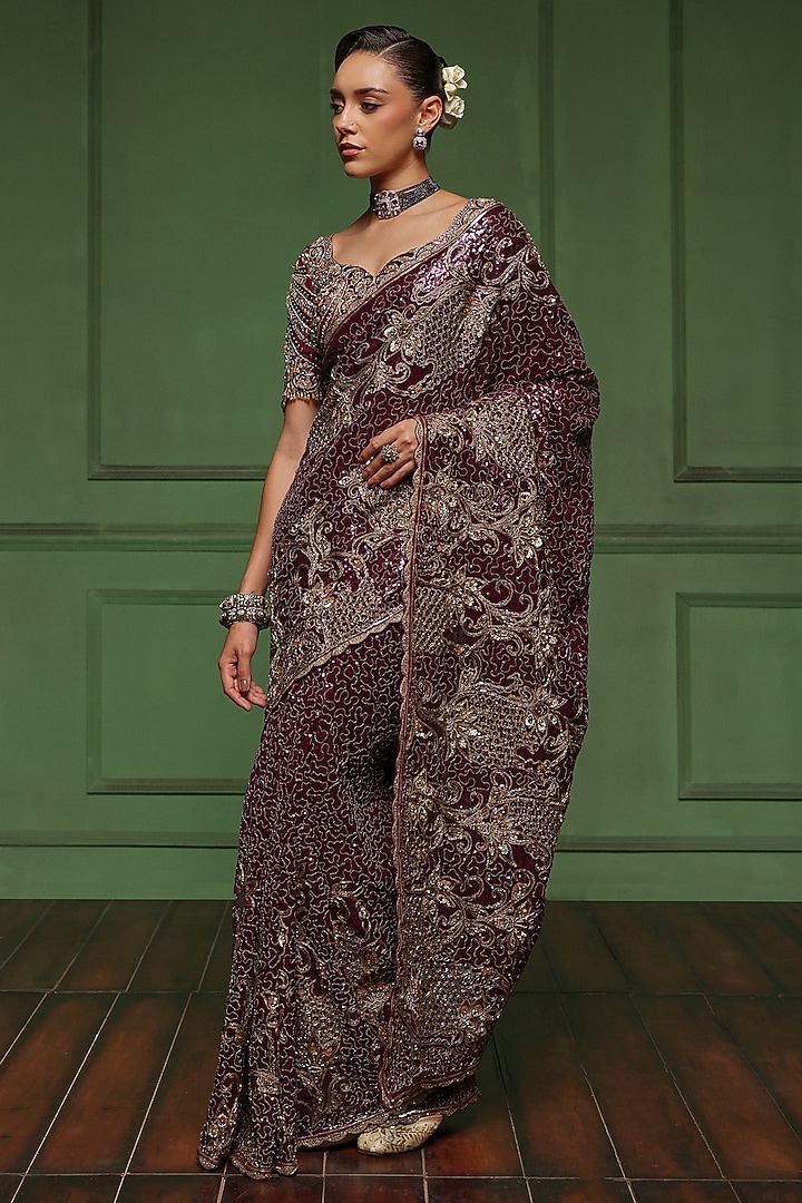 Purple Sequins & Net Floral Embroidered Bridal Saree Set by AWIGNA BY VARSHA & RITTU at Pernia's Pop Up Shop