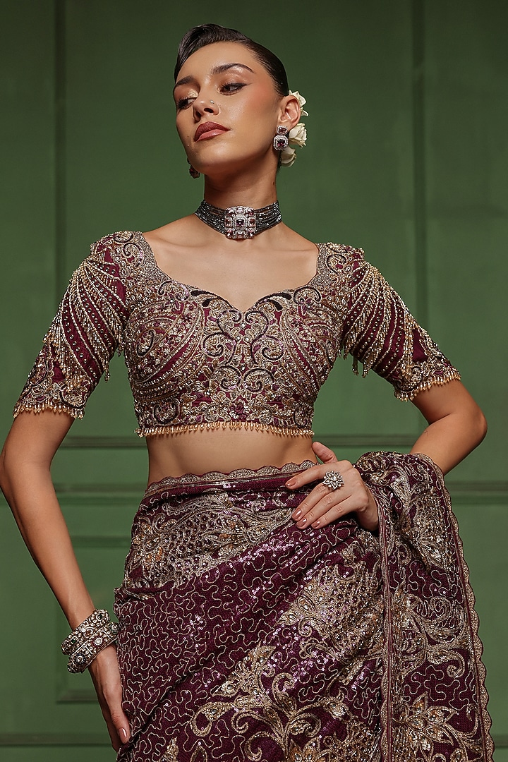 Purple Sequins & Net Floral Embroidered Bridal Saree Set by AWIGNA BY VARSHA & RITTU at Pernia's Pop Up Shop