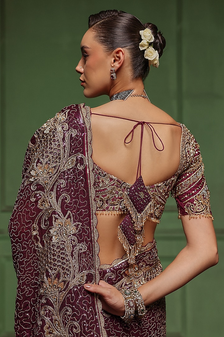 Purple Sequins & Net Floral Embroidered Bridal Saree Set by AWIGNA BY VARSHA & RITTU at Pernia's Pop Up Shop