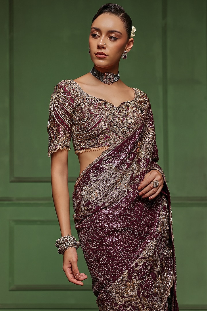 Purple Sequins & Net Floral Embroidered Bridal Saree Set by AWIGNA BY VARSHA & RITTU at Pernia's Pop Up Shop