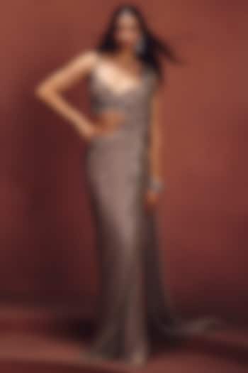 Olive Grey Shimmer Lycra & Net Draped Wedding Saree Set by AWIGNA BY VARSHA & RITTU at Pernia's Pop Up Shop