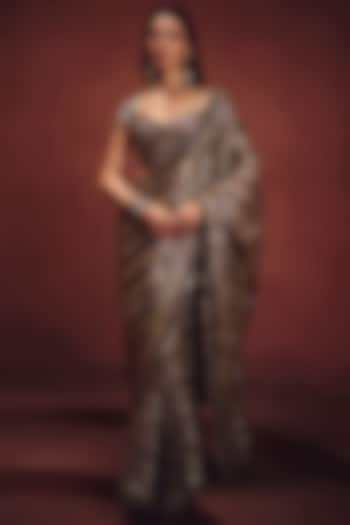 Olive Grey Metallic Organza Sequins Embellished Reception Saree Set by AWIGNA BY VARSHA & RITTU at Pernia's Pop Up Shop