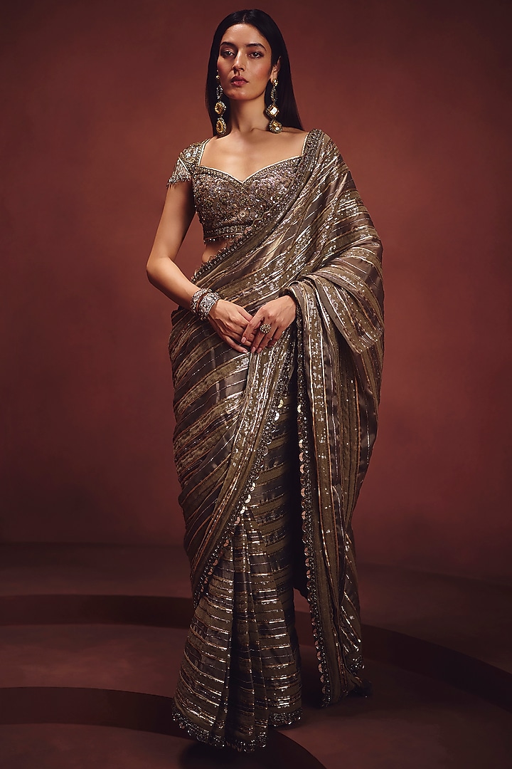 Olive Grey Metallic Organza Sequins Embellished Reception Saree Set by AWIGNA BY VARSHA & RITTU at Pernia's Pop Up Shop