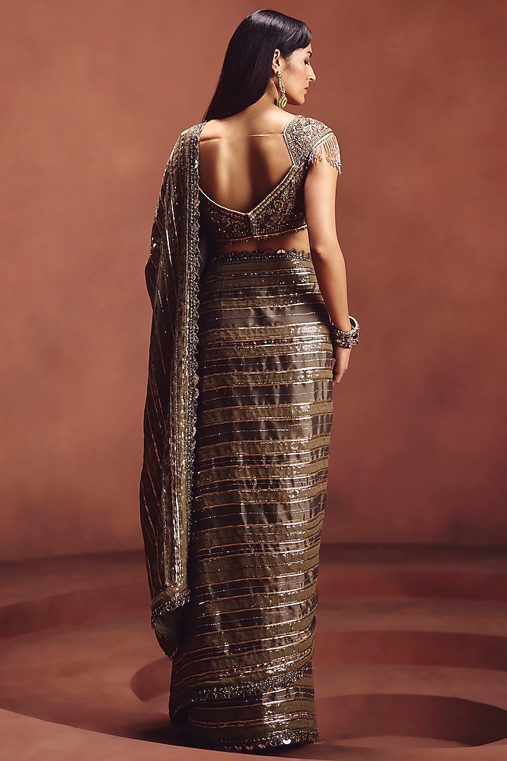 Olive Grey Metallic Organza Sequins Embellished Reception Saree Set by AWIGNA BY VARSHA & RITTU at Pernia's Pop Up Shop