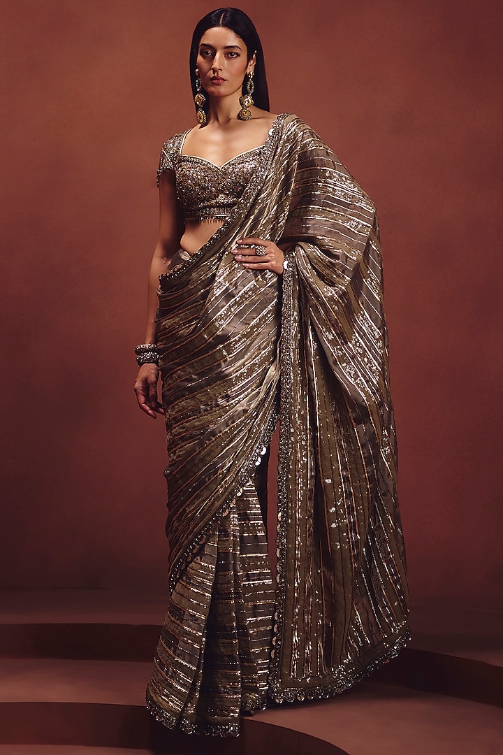 Olive Grey Metallic Organza Sequins Embellished Reception Saree Set by AWIGNA BY VARSHA & RITTU at Pernia's Pop Up Shop