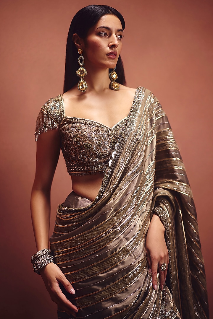 Olive Grey Metallic Organza Sequins Embellished Reception Saree Set by AWIGNA BY VARSHA & RITTU at Pernia's Pop Up Shop