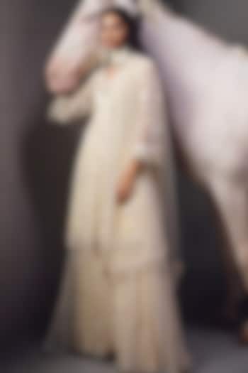 Ivory Net & Organza Embroidered Kurta Set by AWIGNA BY VARSHA & RITTU at Pernia's Pop Up Shop