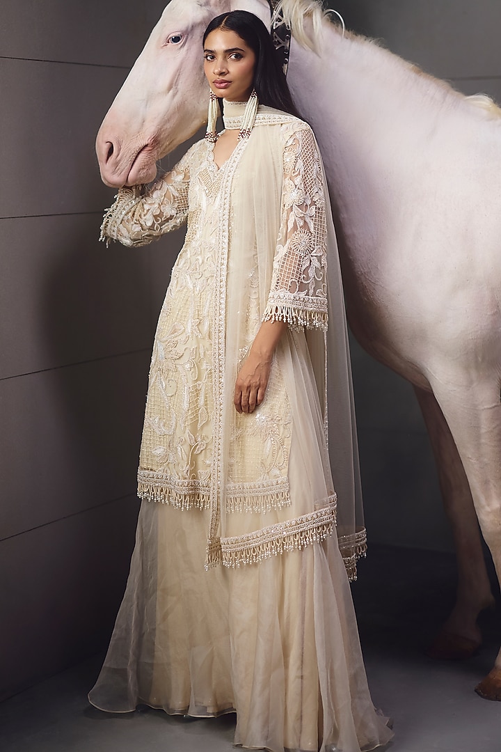 Ivory Net & Organza Embroidered Kurta Set by AWIGNA BY VARSHA & RITTU at Pernia's Pop Up Shop
