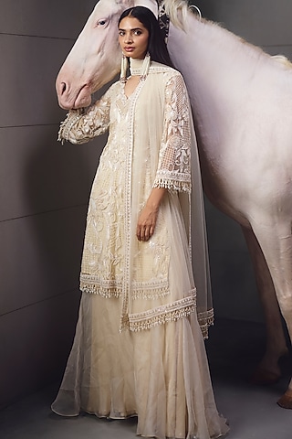 Ivory Net & Organza Embroidered Kurta Set by AWIGNA BY VARSHA & RITTU