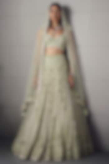 Sage Green Net Embroidered Bridal Lehenga Set by AWIGNA BY VARSHA & RITTU at Pernia's Pop Up Shop