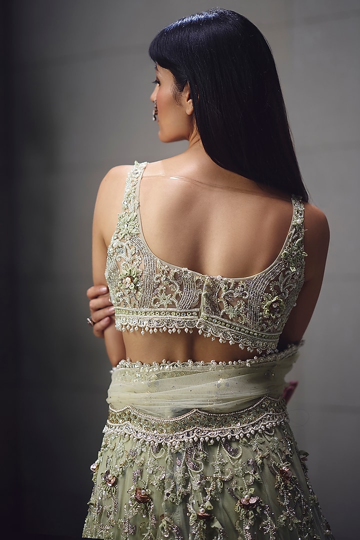Sage Green Net Embroidered Bridal Lehenga Set by AWIGNA BY VARSHA & RITTU at Pernia's Pop Up Shop