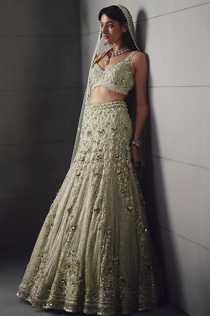 Sage Green Net Embroidered Bridal Lehenga Set by AWIGNA BY VARSHA & RITTU at Pernia's Pop Up Shop